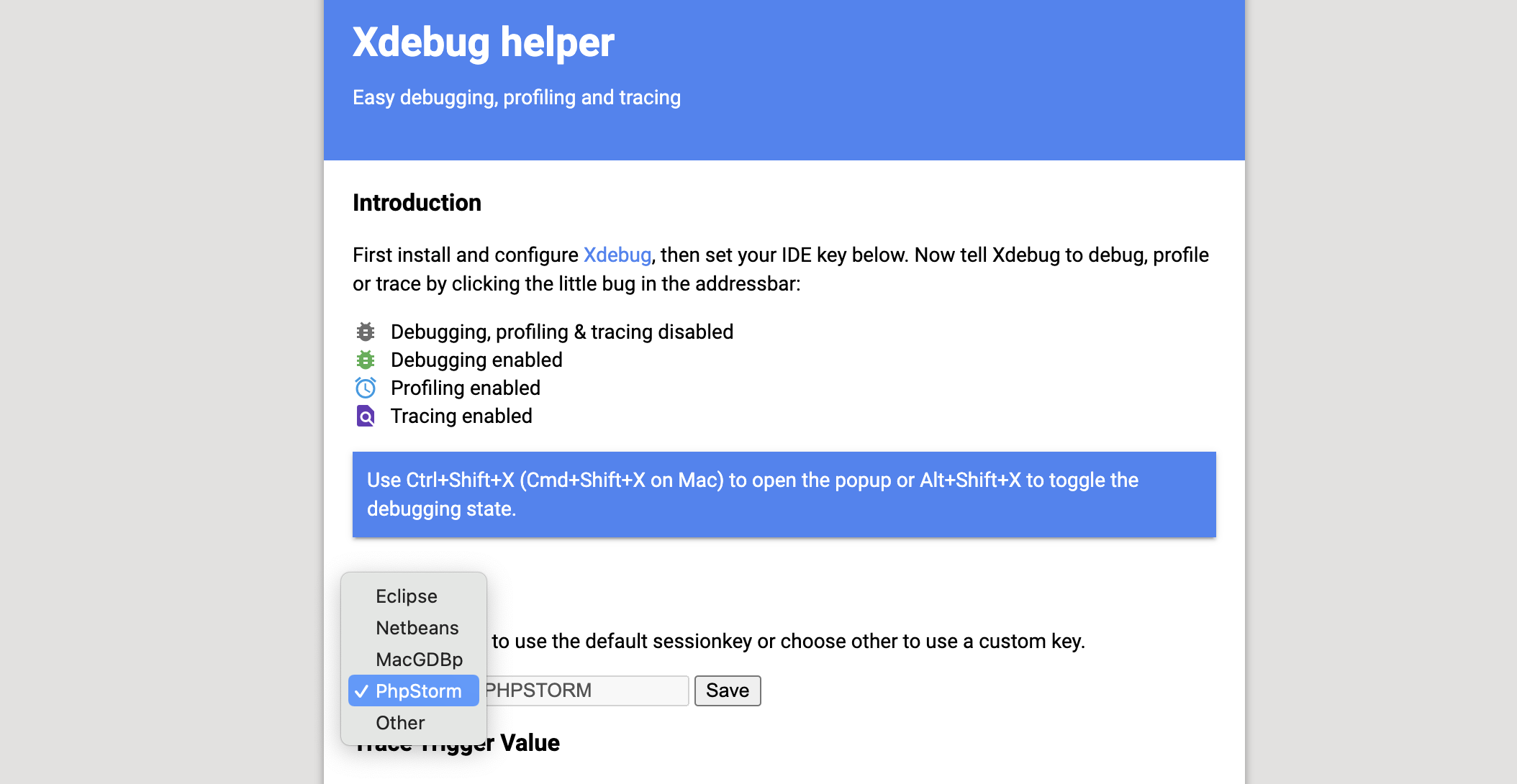 Xdebug helper setting